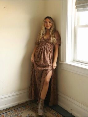 Bohemian Brown Floral Maxi Dress with V-Neck